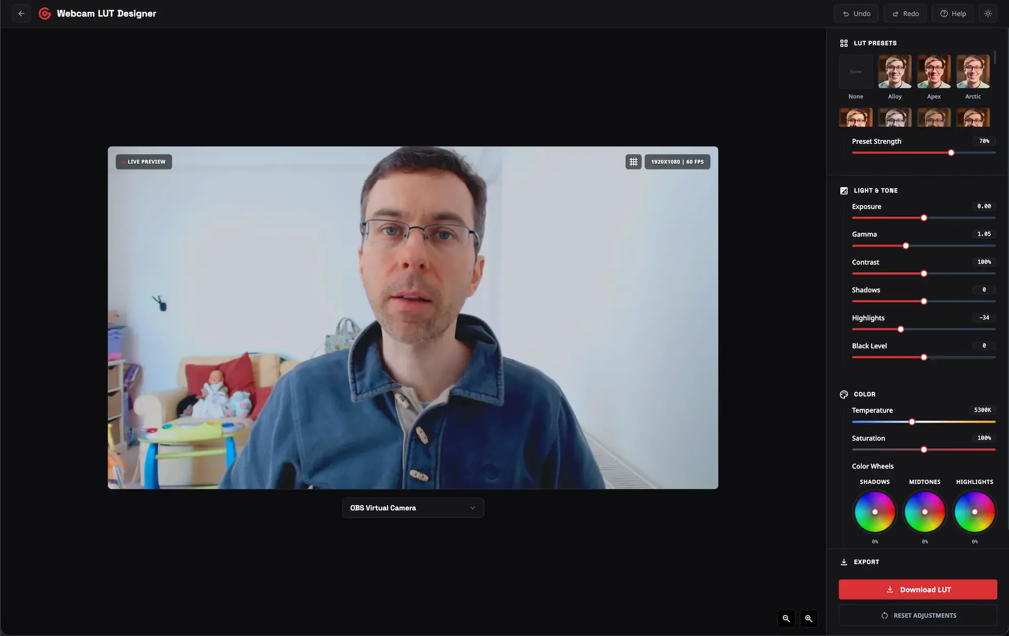 Preview of the Webcam LUT Designer