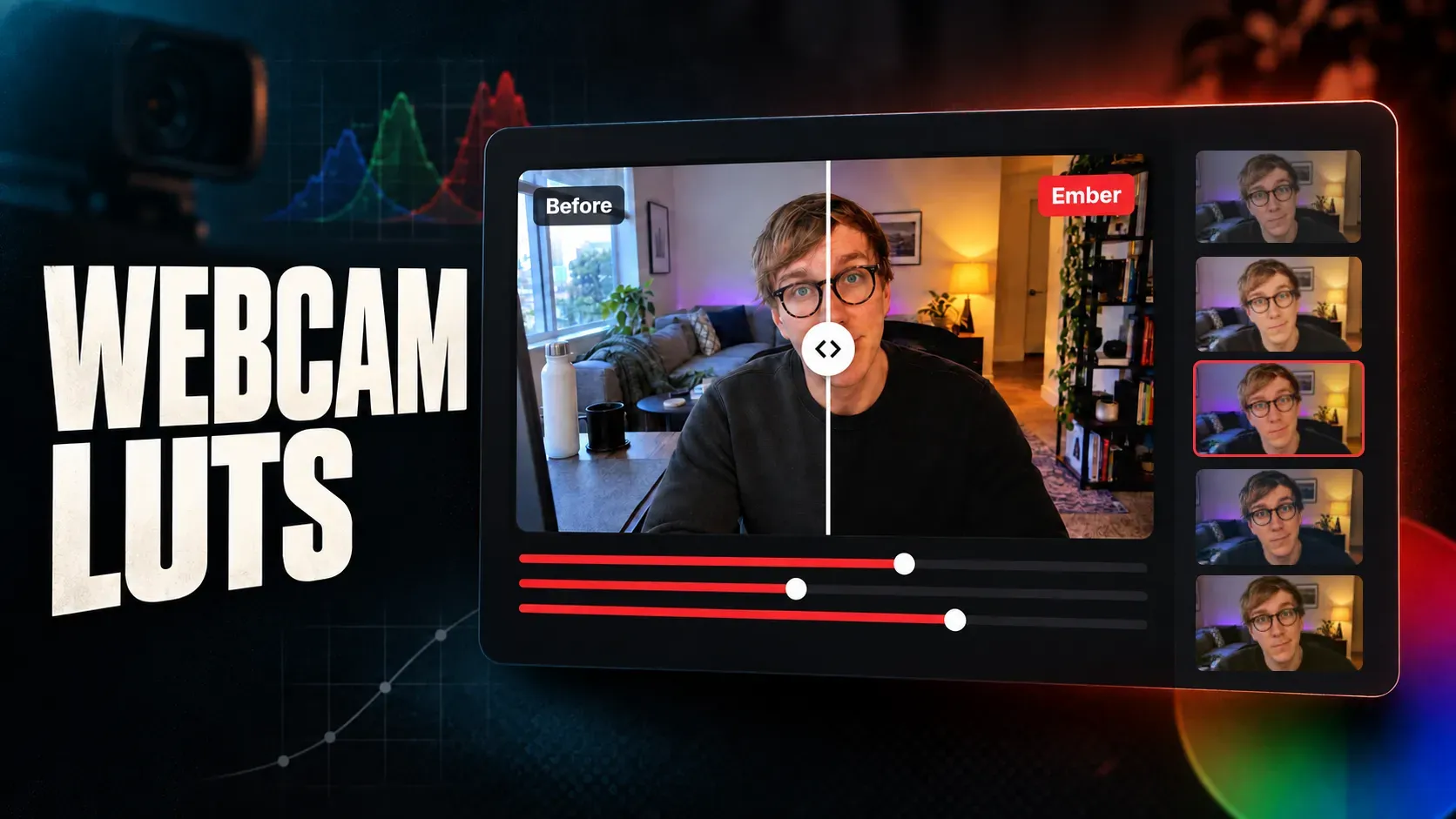Webcam LUT Designer comparing a webcam image before and after a colour grade