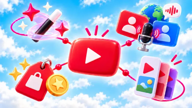 The YouTube logo surrounded by icons for AI editing, live co-streaming, YouTube Shopping and Shorts, representing the Made on YouTube 2026 announcements