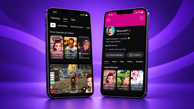 Two phones on a purple background showing Twitch's mobile app: the Following feed with a row of Stream Recaps from channels you follow, and a channel page with a Latest Recaps section