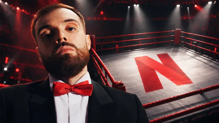 Ibai Llanos in the La Velada del Año boxing ring with the Netflix logo replacing the Twitch logo above the stage