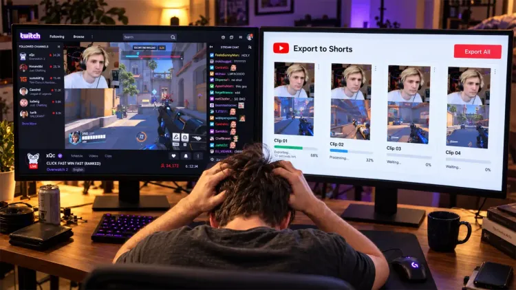 An illustration of a frustrated clipper exporting xQc stream clips from Twitch to YouTube Shorts