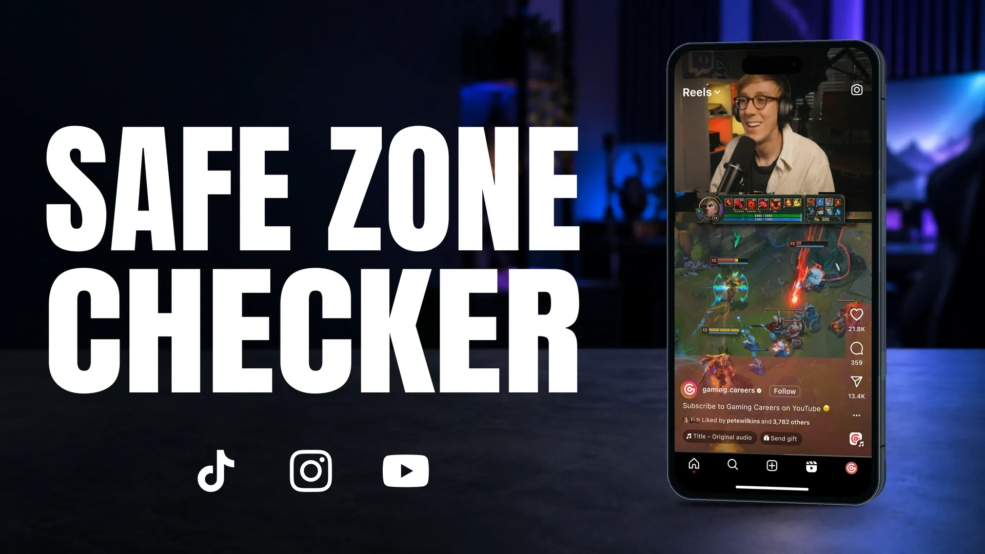 Phone showing an Instagram Reel with the Safe Zone Checker overlay guides