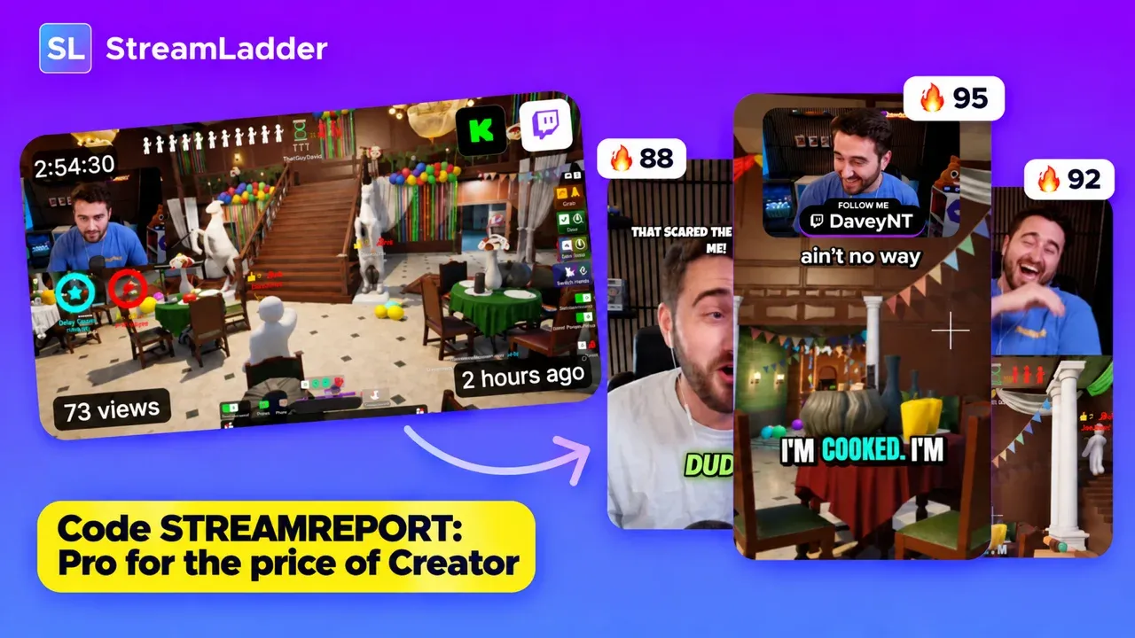 StreamLadder turning a long stream VOD into scored vertical clips, with the code STREAMREPORT for Pro at the price of Creator