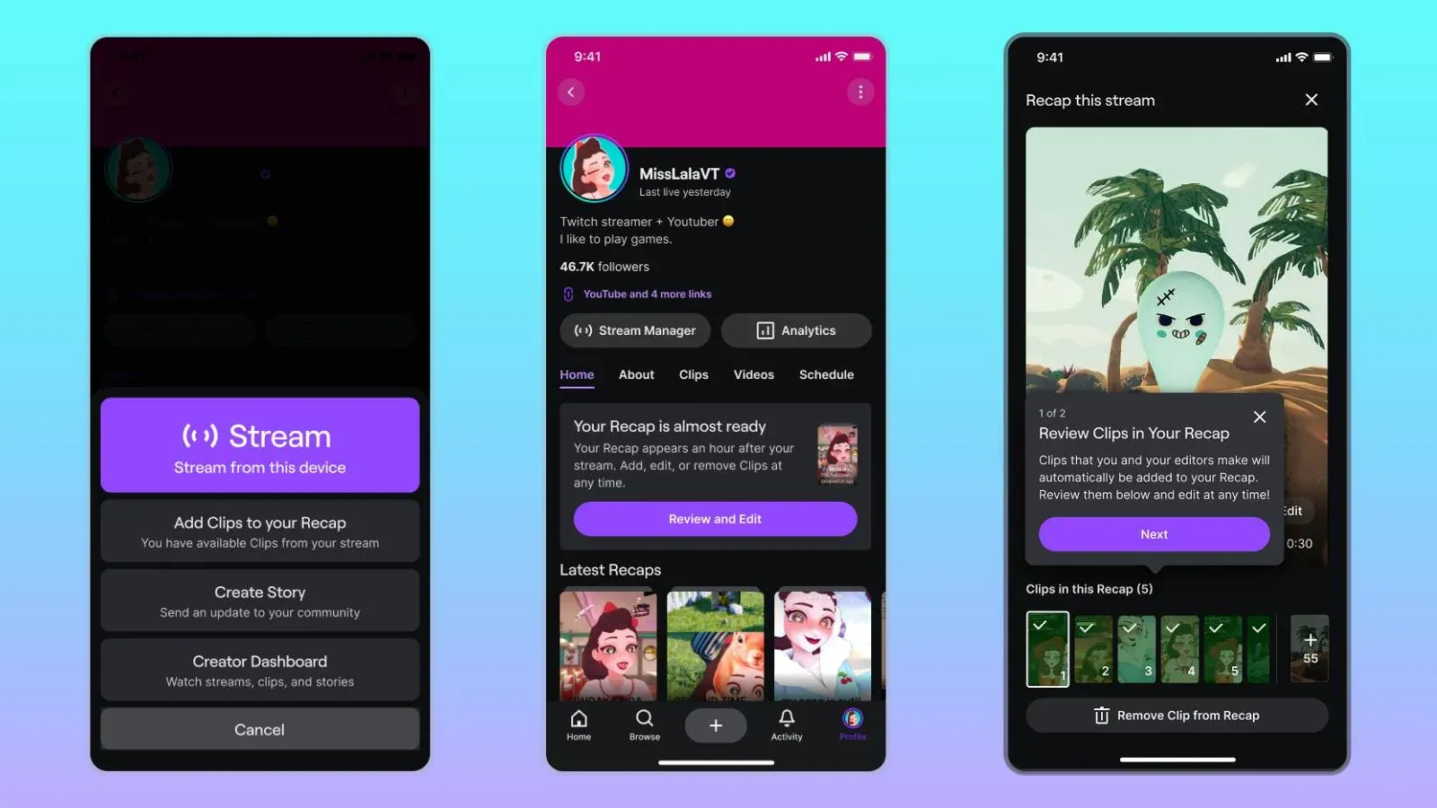 Three phones from Twitch's announcement showing how a Recap is made: the option to add clips to your Recap, a screen saying "Your Recap appears an hour after your stream," and the review screen where you can remove clips (Image: Twitch)