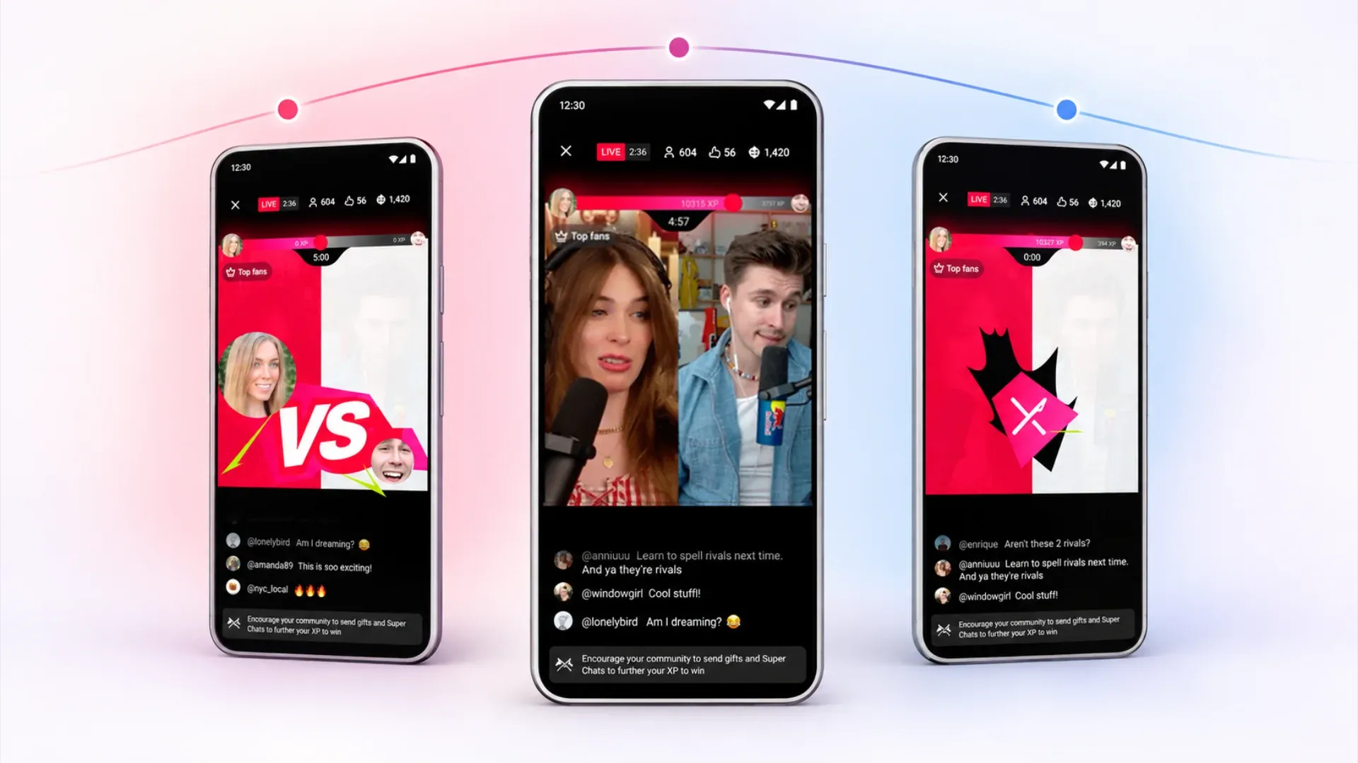 Three phones showing a YouTube Live showdown, with two creators streaming side by side and a score bar and timer across the top